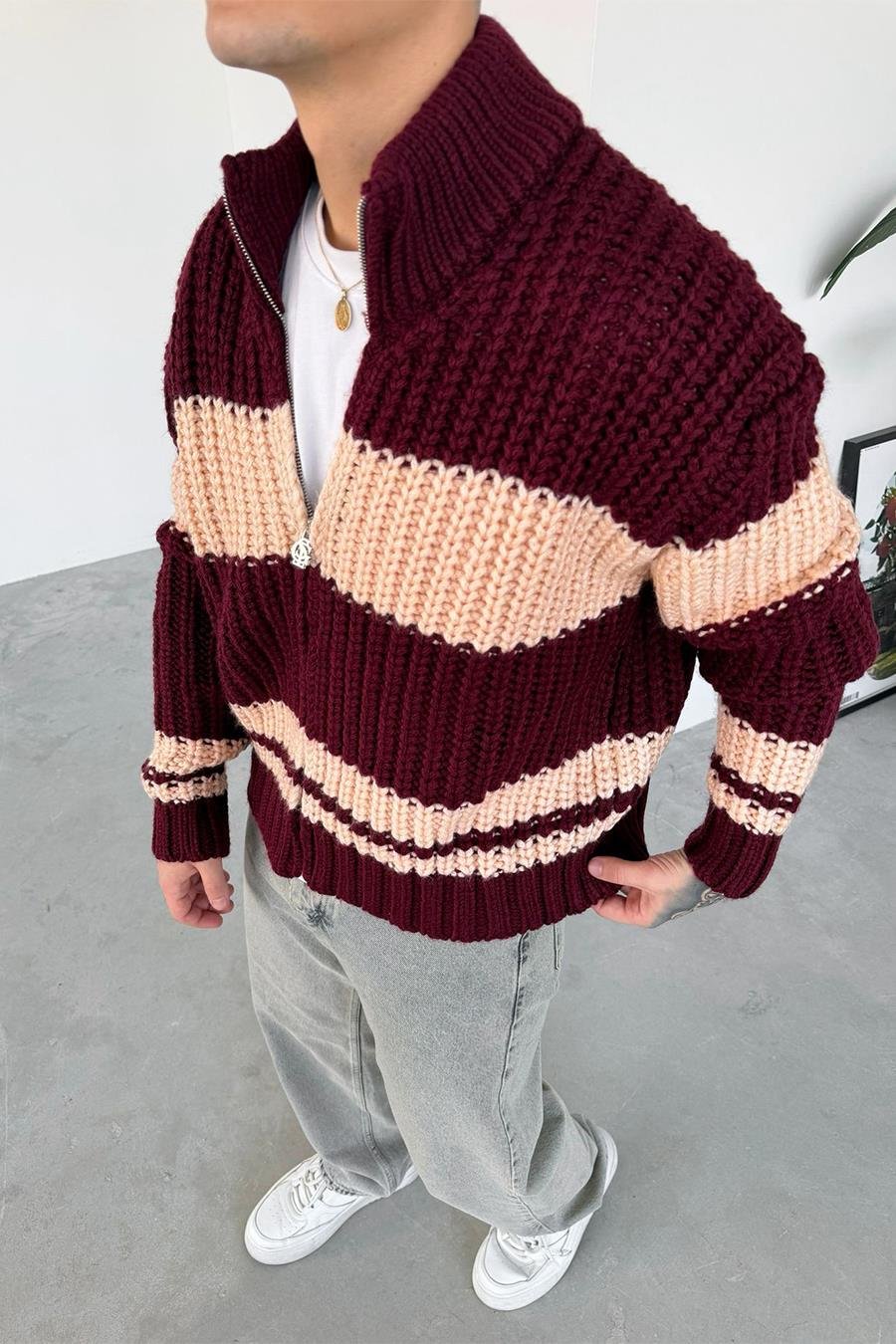 Bordo Örgülü Retro Triko Hırka
