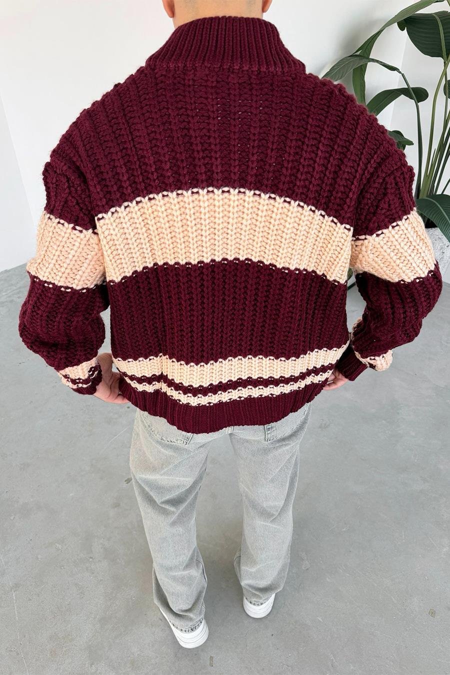 Bordo Örgülü Retro Triko Hırka