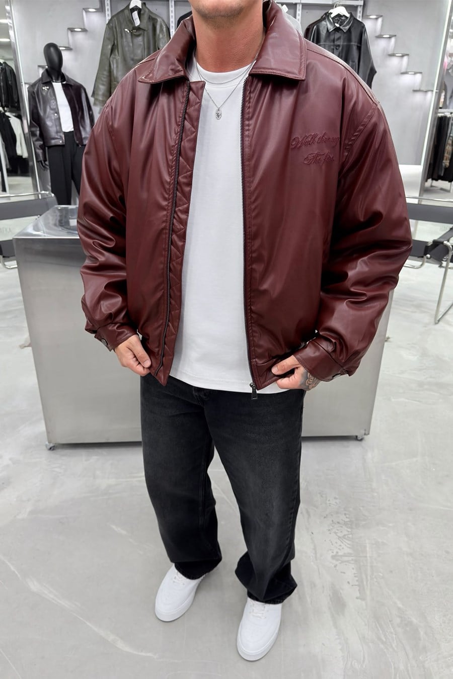 Bordo The Fire Nakışlı Bomber Deri Mont