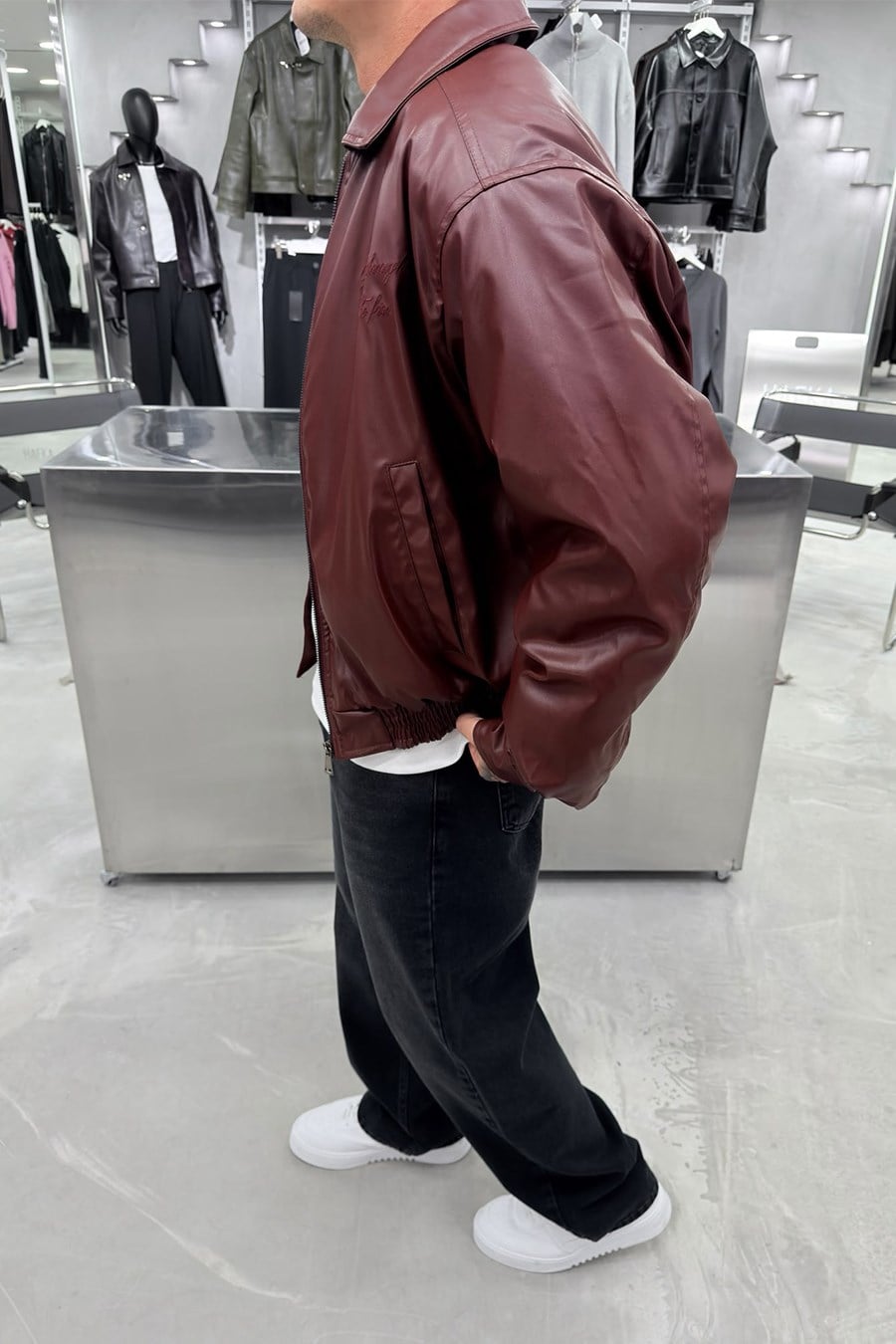 Bordo The Fire Nakışlı Bomber Deri Mont
