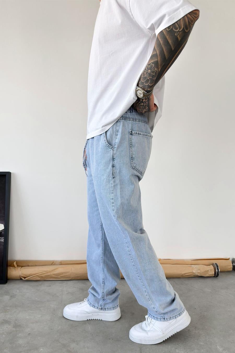 Buz Mavi Beli Lastikli Baggy Pantolon