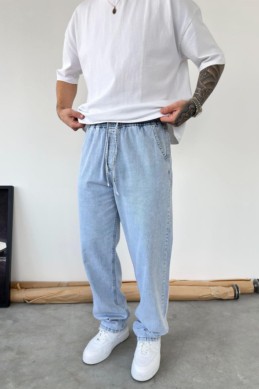 Buz Mavi Beli Lastikli Baggy Pantolon