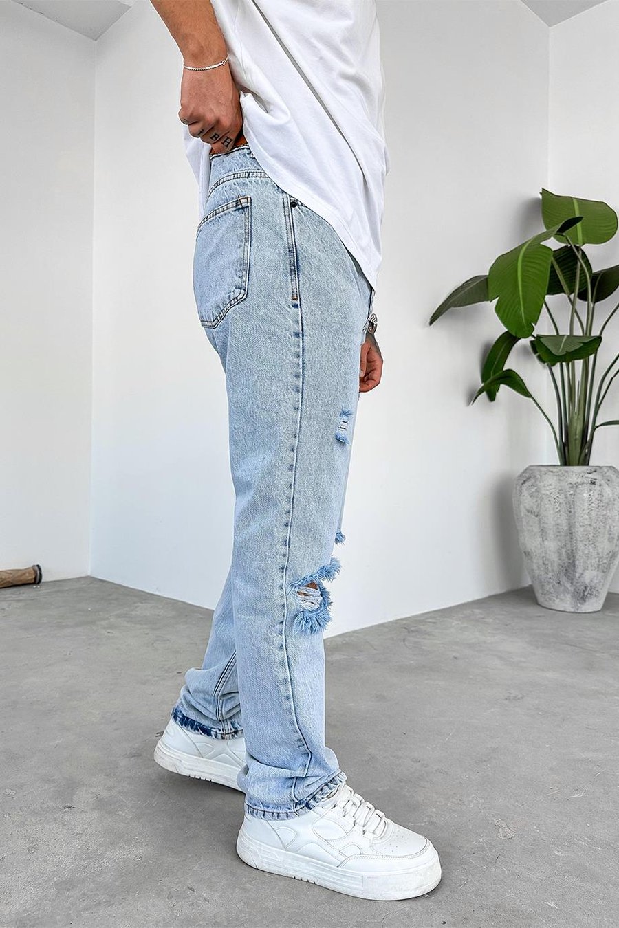 Buz Mavi Dizi Yırtık Baggy Pantolon