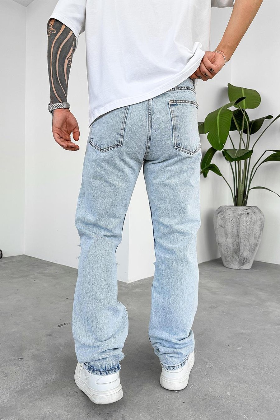 Buz Mavi Dizi Yırtık Baggy Pantolon
