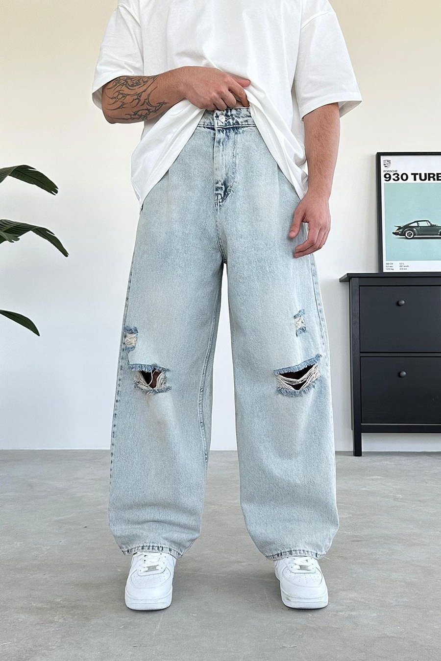 Buz Mavi Dizi Yırtık Ekstra Bol Baggy Pantolon