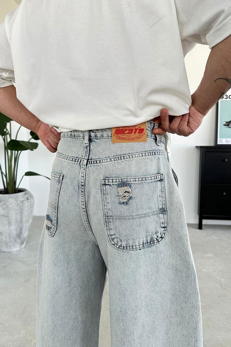 Buz Mavi Dizi Yırtık Ekstra Bol Baggy Pantolon
