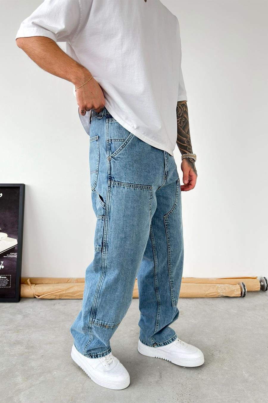 Buz Mavi Patch Tasarım Detaylı Ekstra Bol Baggy Pantolon