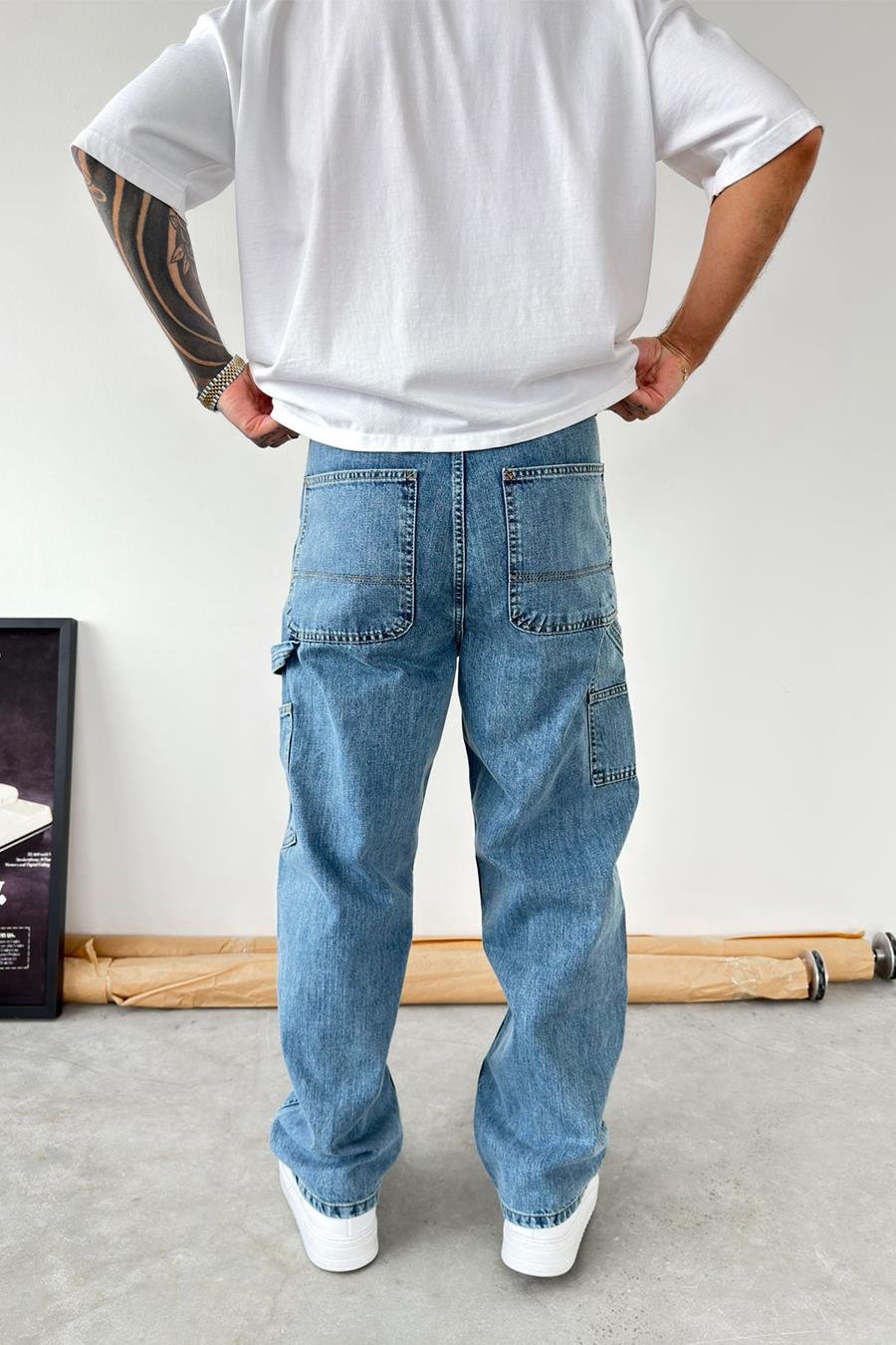 Buz Mavi Patch Tasarım Detaylı Ekstra Bol Baggy Pantolon