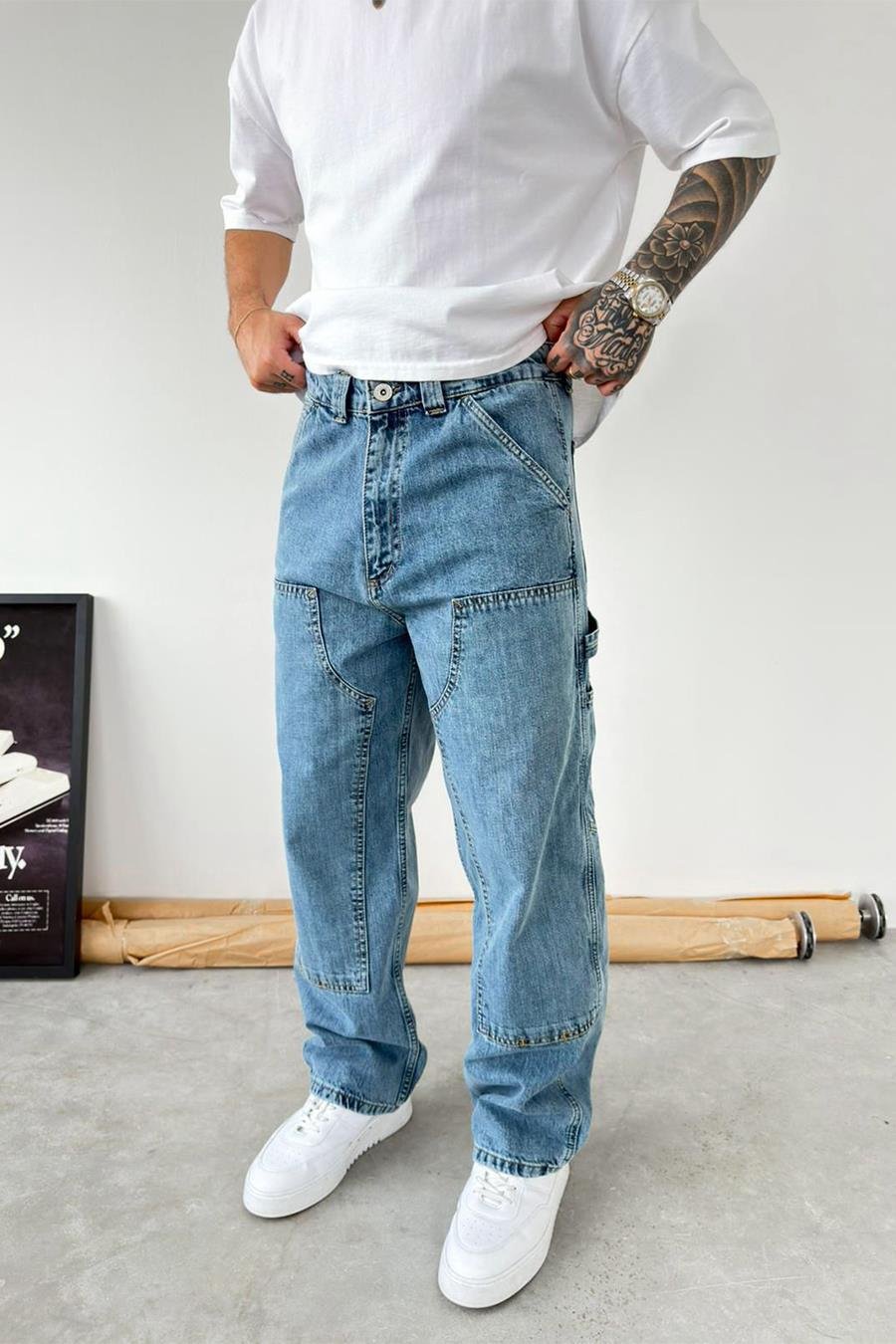 Buz Mavi Patch Tasarım Detaylı Ekstra Bol Baggy Pantolon