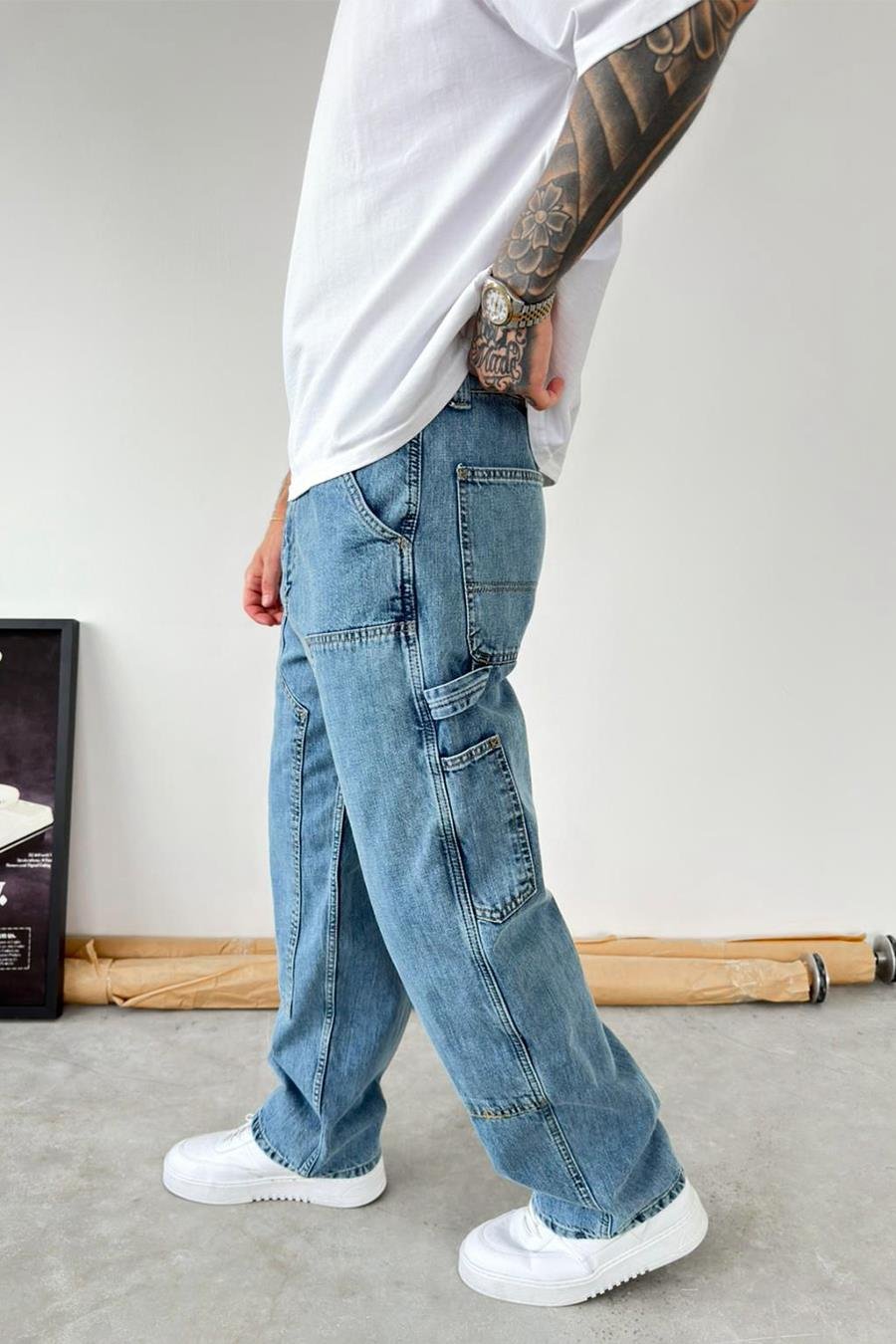 Buz Mavi Patch Tasarım Detaylı Ekstra Bol Baggy Pantolon