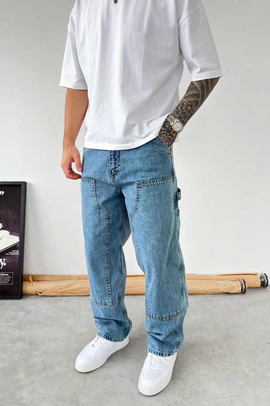 Buz Mavi Patch Tasarım Detaylı Ekstra Bol Baggy Pantolon