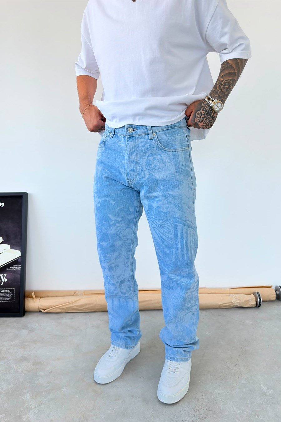 Buz Mavi Premium Urban Style Baskılı Baggy Pantolon