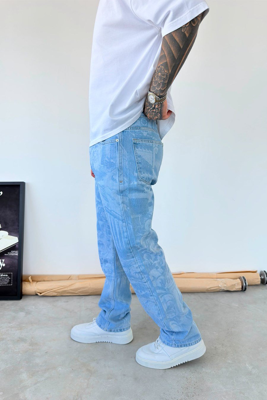 Buz Mavi Premium Urban Style Baskılı Baggy Pantolon