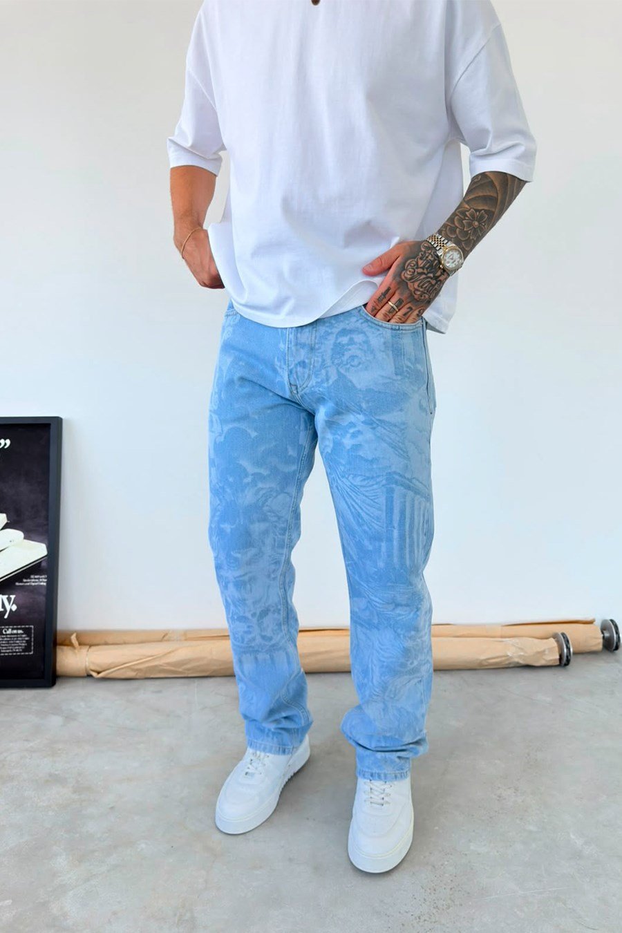 Buz Mavi Premium Urban Style Baskılı Baggy Pantolon