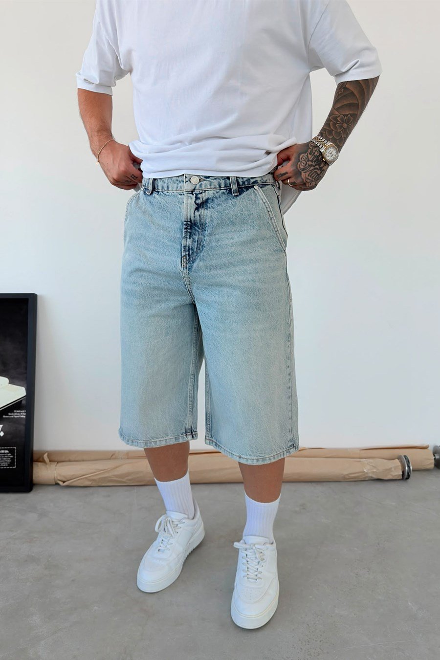 Buz Mavi Skater Fit Yıkamalı Bermuda Kot Şort