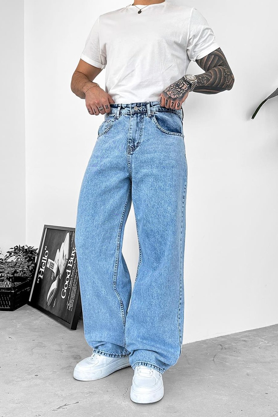 Buz Mavi Soft Degrade Basic Ekstra Bol Pantolon