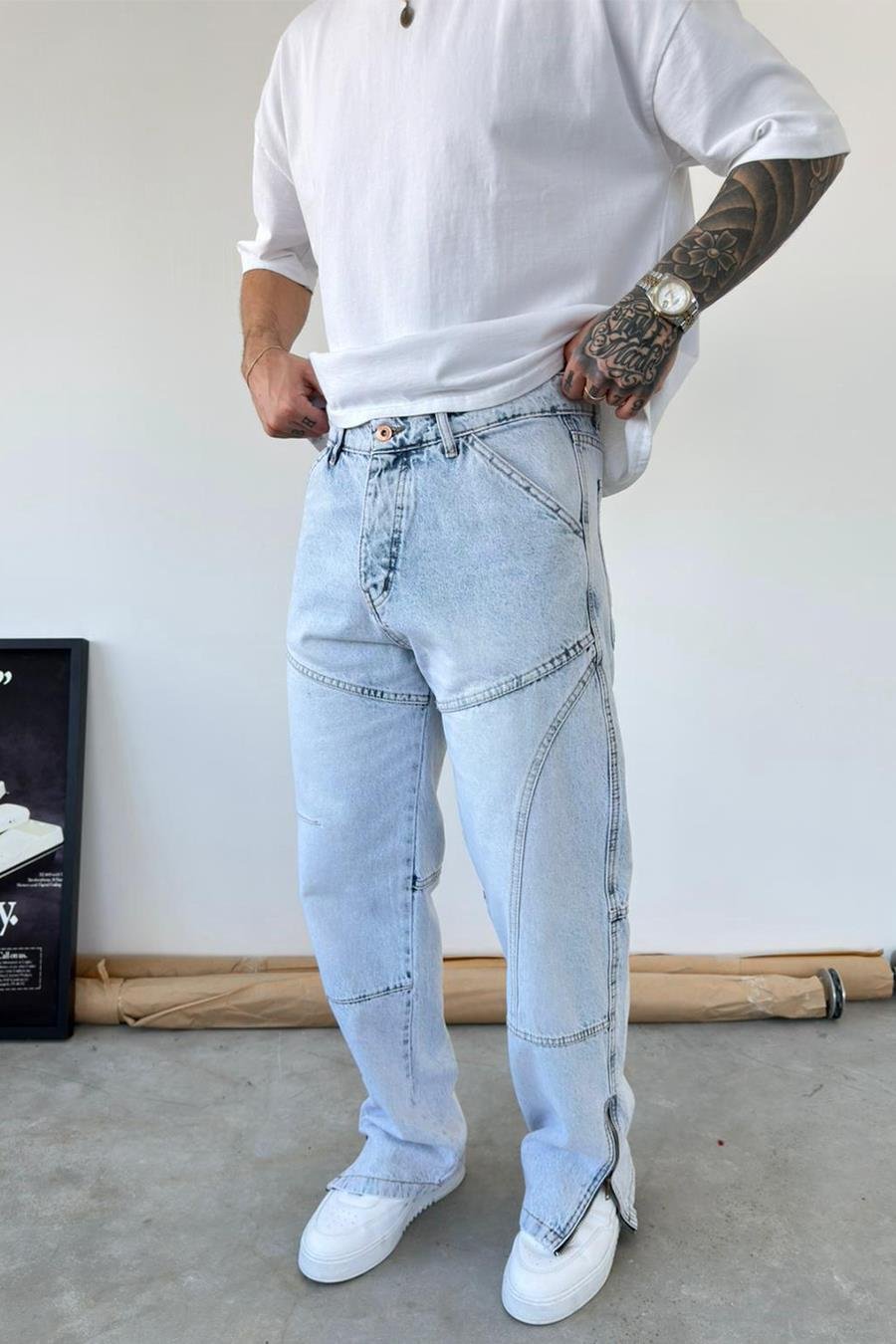 Buz Mavi Tasarım Paça Fermuar Detay Baggy Pantolon