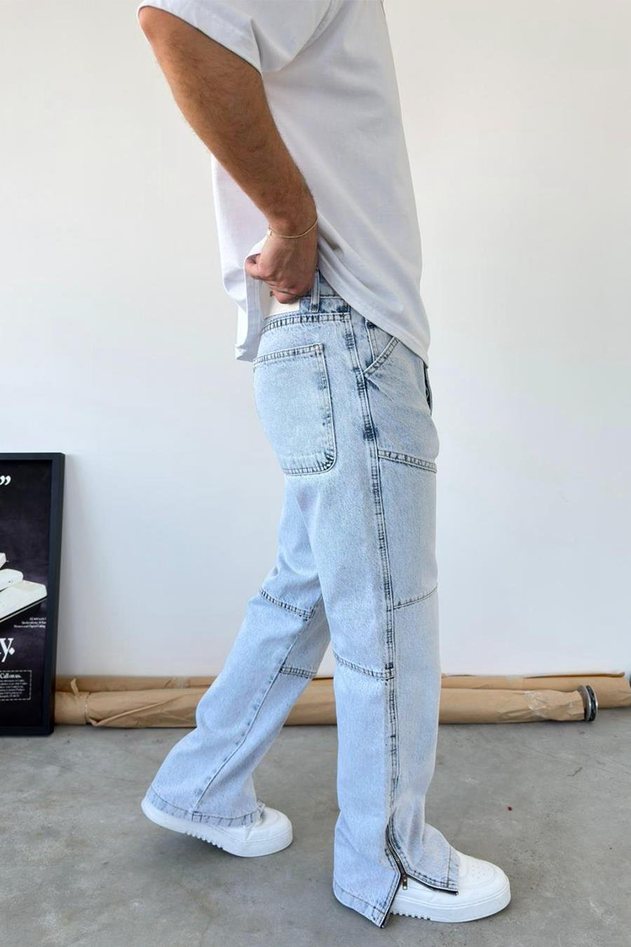Buz Mavi Tasarım Paça Fermuar Detay Baggy Pantolon