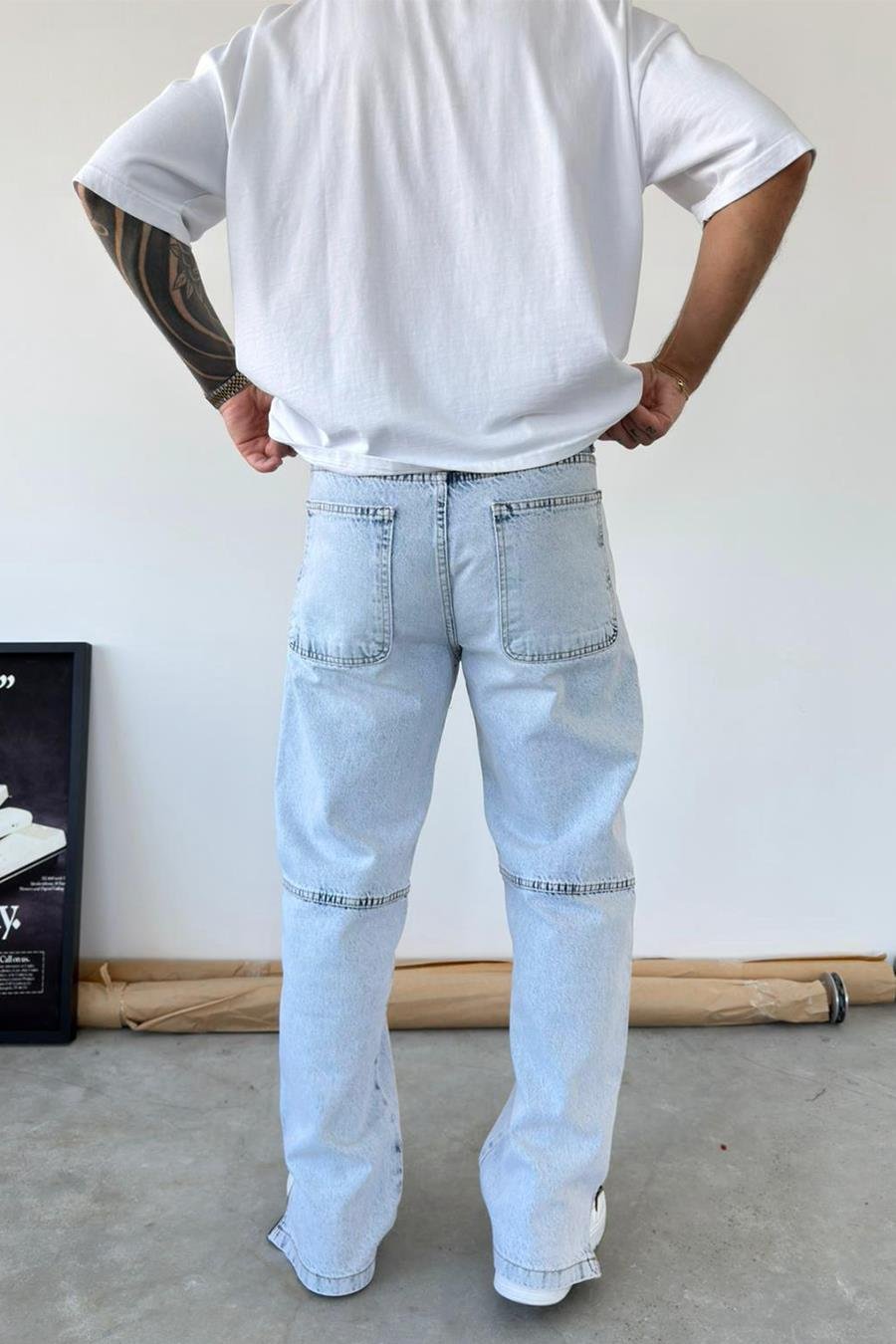 Buz Mavi Tasarım Paça Fermuar Detay Baggy Pantolon