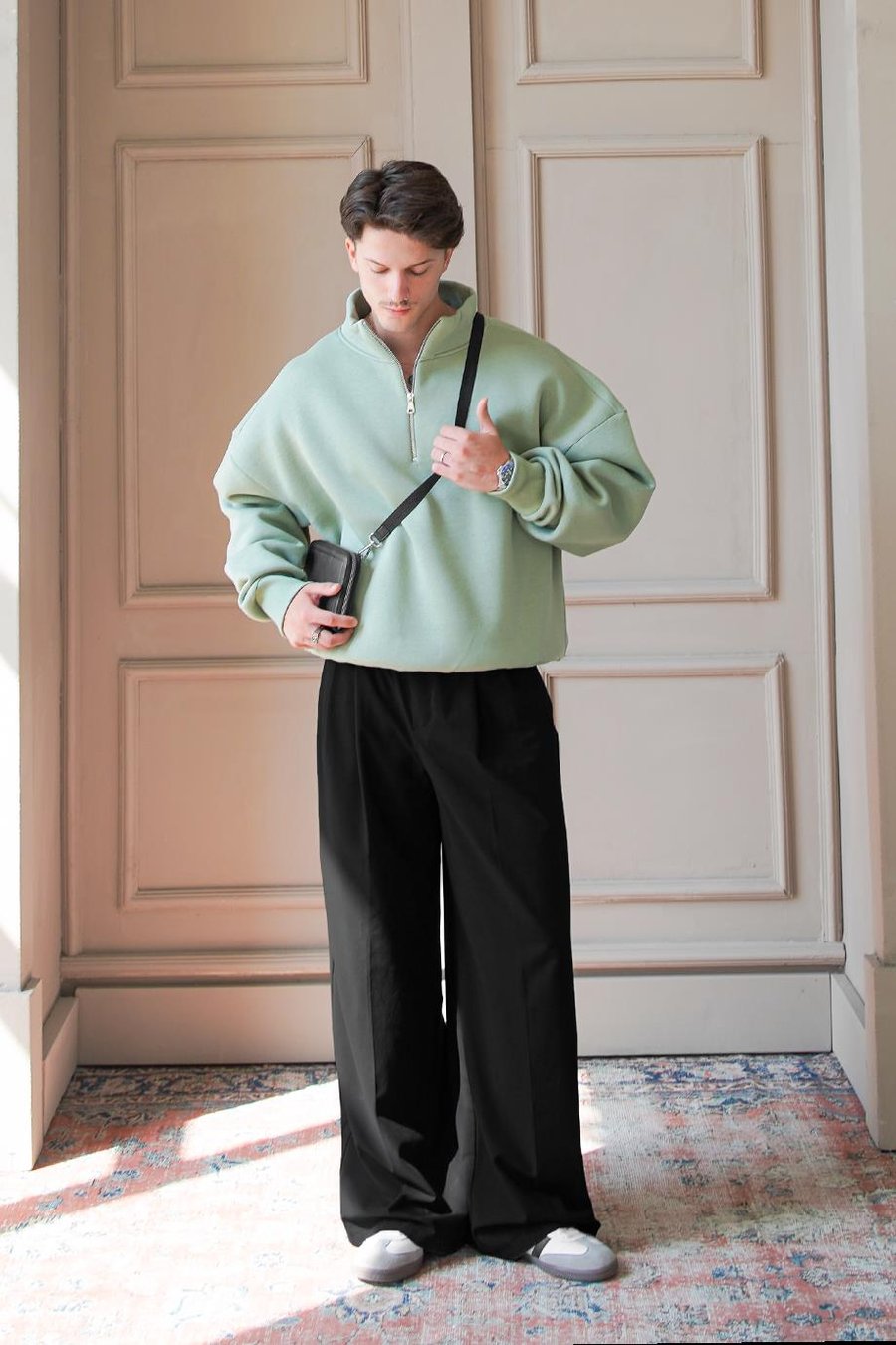Buz Yeşil Cozy Basic Yarım Fermuar Oversize Sweatshirt