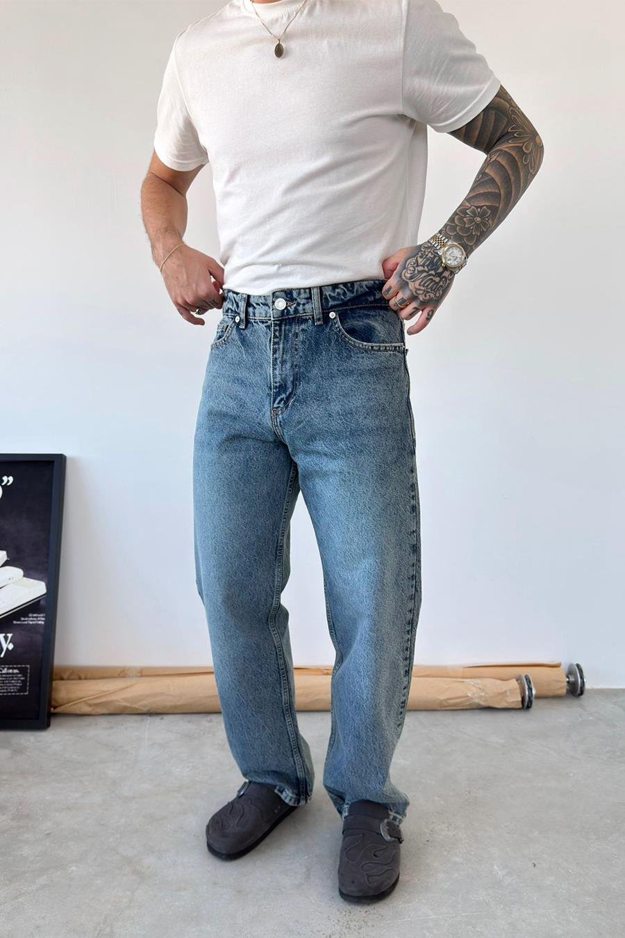 Dokulu Buz Mavi Basic Regular Pantolon