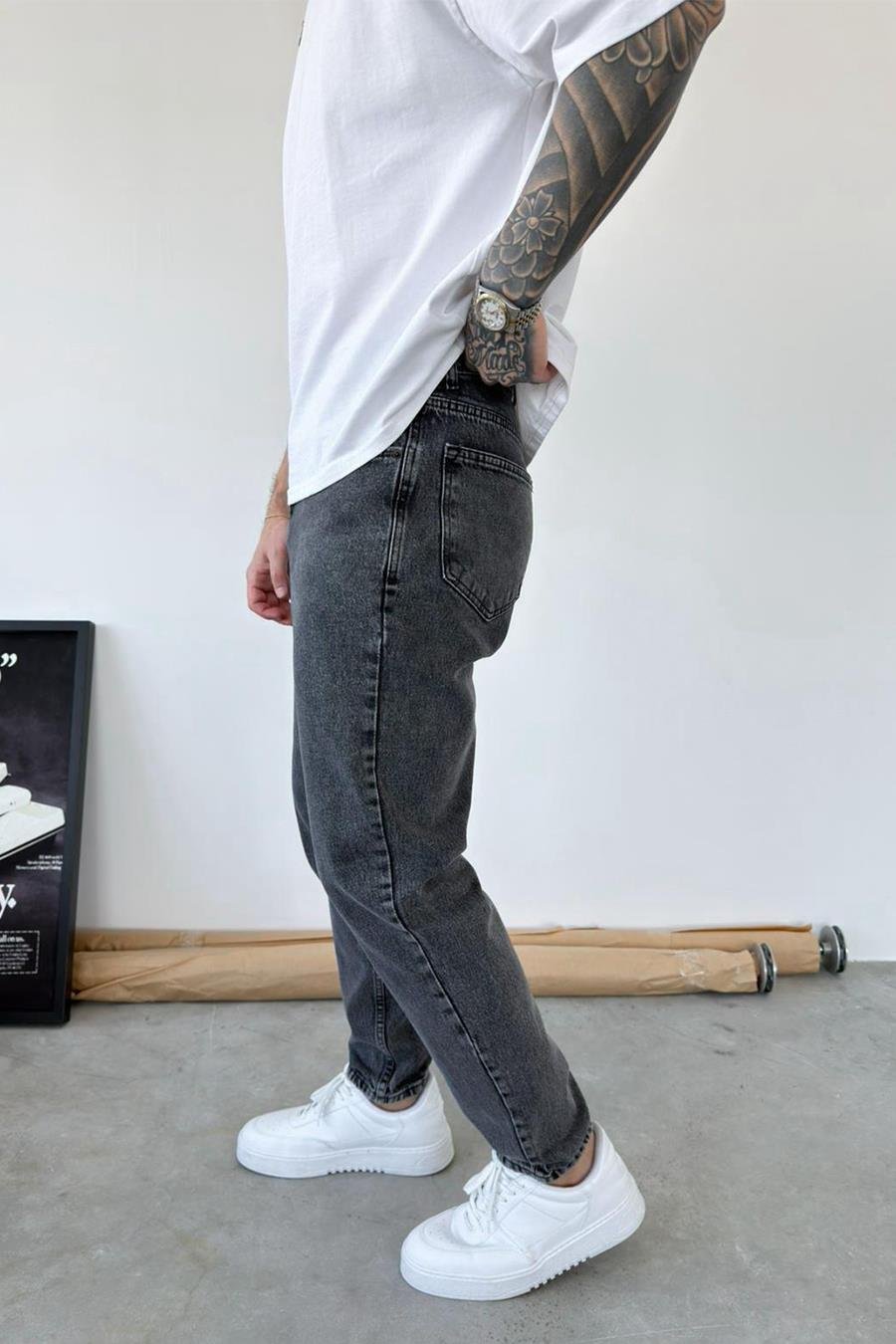 Dokulu Gri Basic Boyfriend Pantolon