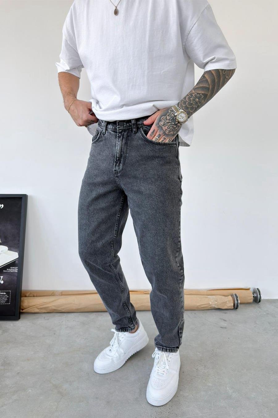 Dokulu Gri Basic Boyfriend Pantolon