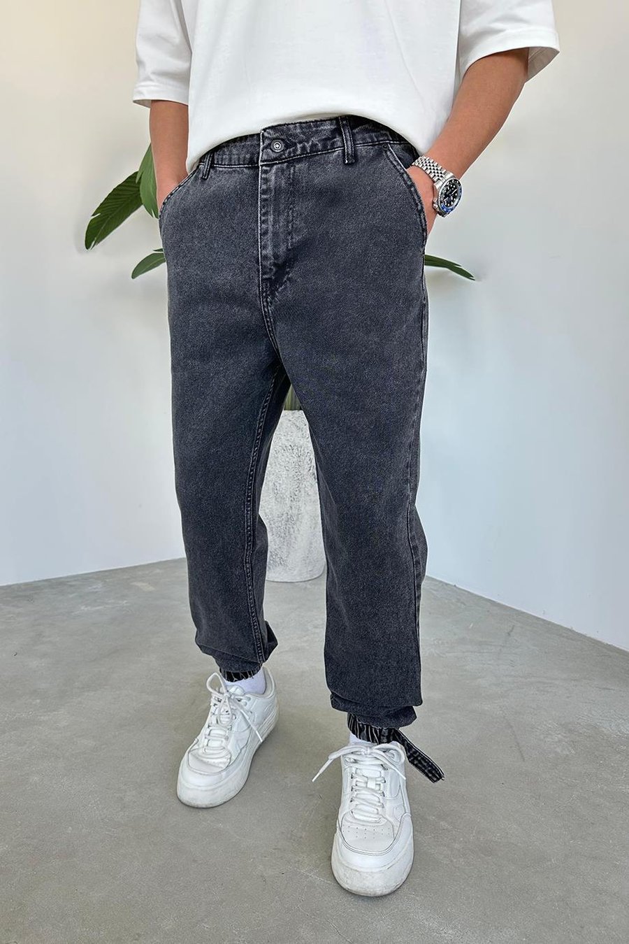 Dokulu Gri Gri Dokulu Kar Yıkama Paça Lastik Detay Boyfriend Jean