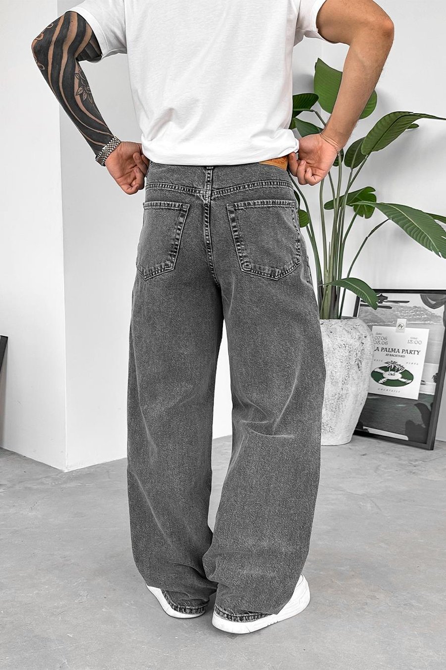 Dokulu Gri Soft Degrade Basic Ekstra Bol Pantolon