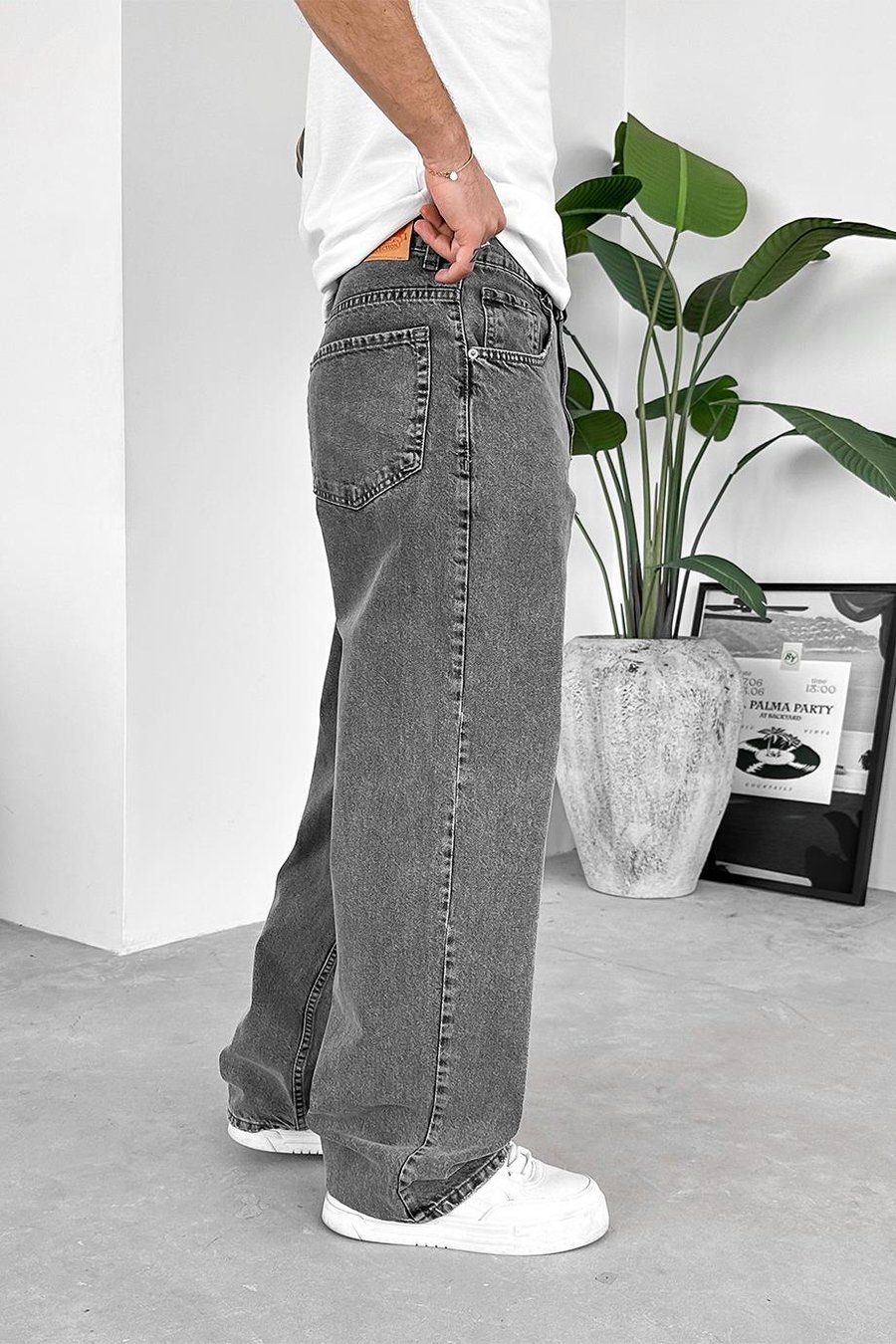 Dokulu Gri Soft Degrade Basic Ekstra Bol Pantolon