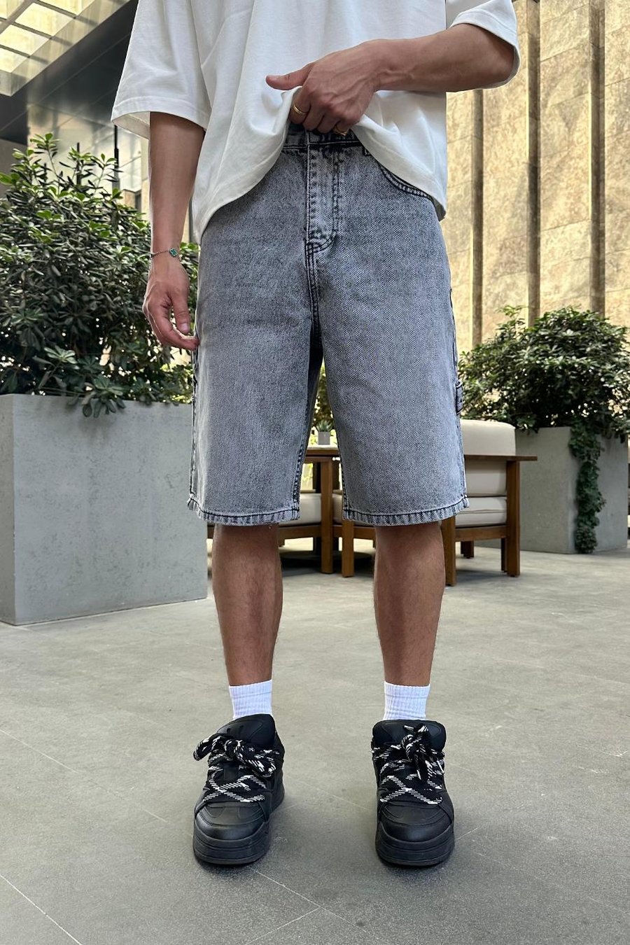 Dokulu Kar Yıkama Tasarım Cepli 4V DL Baggy Kot Şort