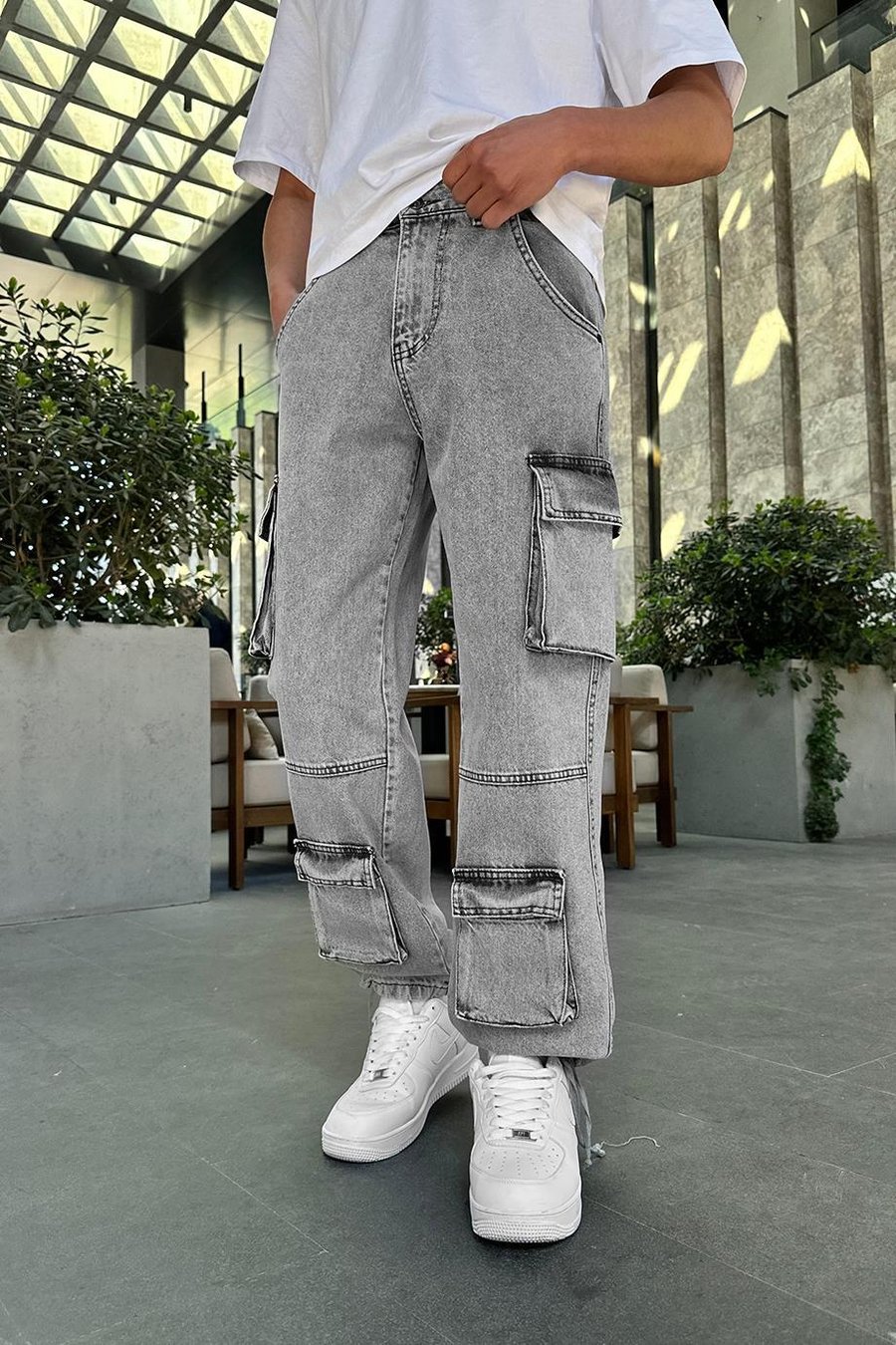 Dokulu Kar Yıkama Tasarım Çift Cepli R5 DL Paçası Ayarlanabilir Baggy Pantolon