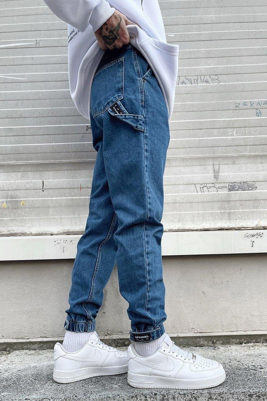 Dokulu Mavi Gri Dokulu Kar Yıkama Paça Lastik Detay Boyfriend Jean