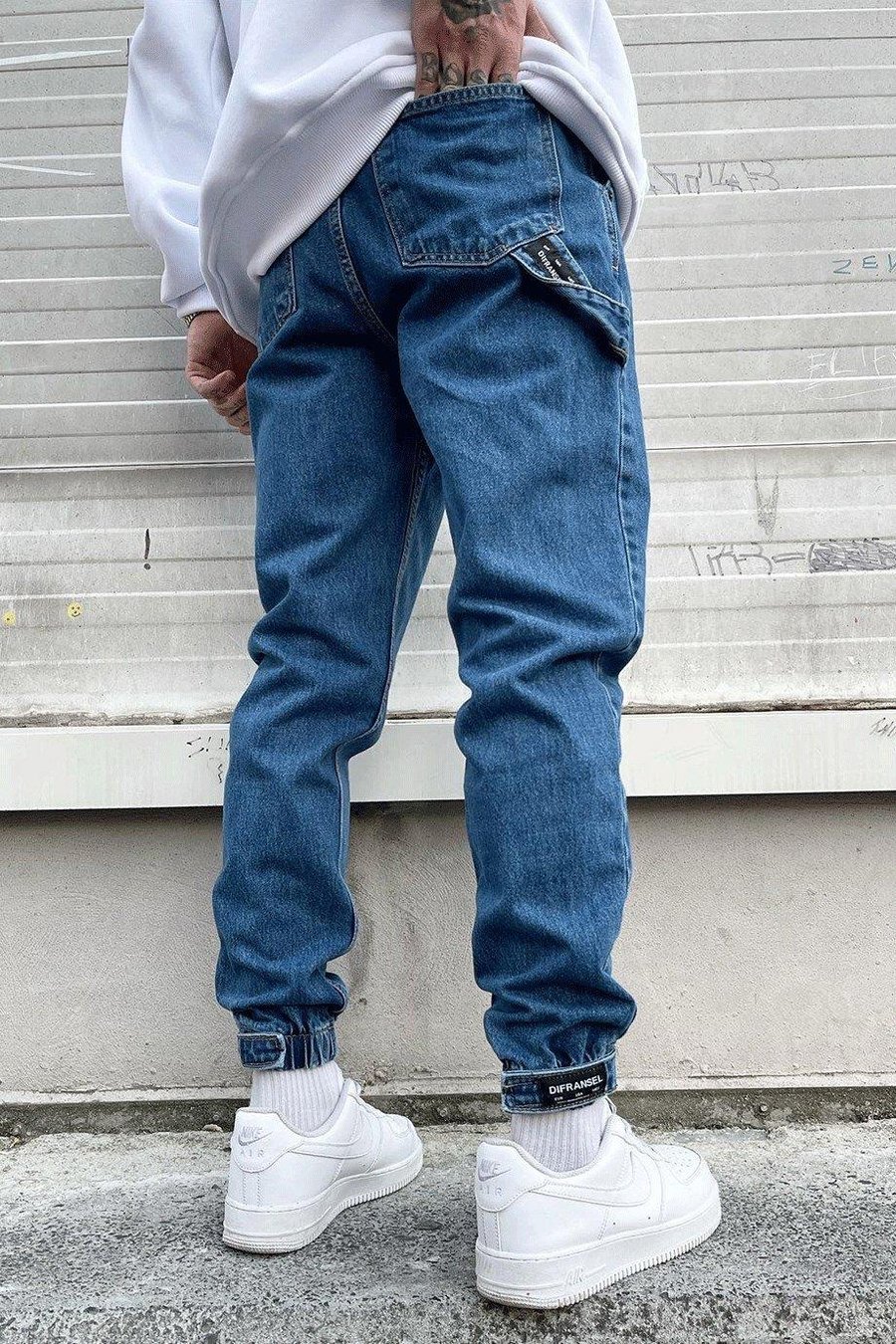 Dokulu Mavi Gri Dokulu Kar Yıkama Paça Lastik Detay Boyfriend Jean