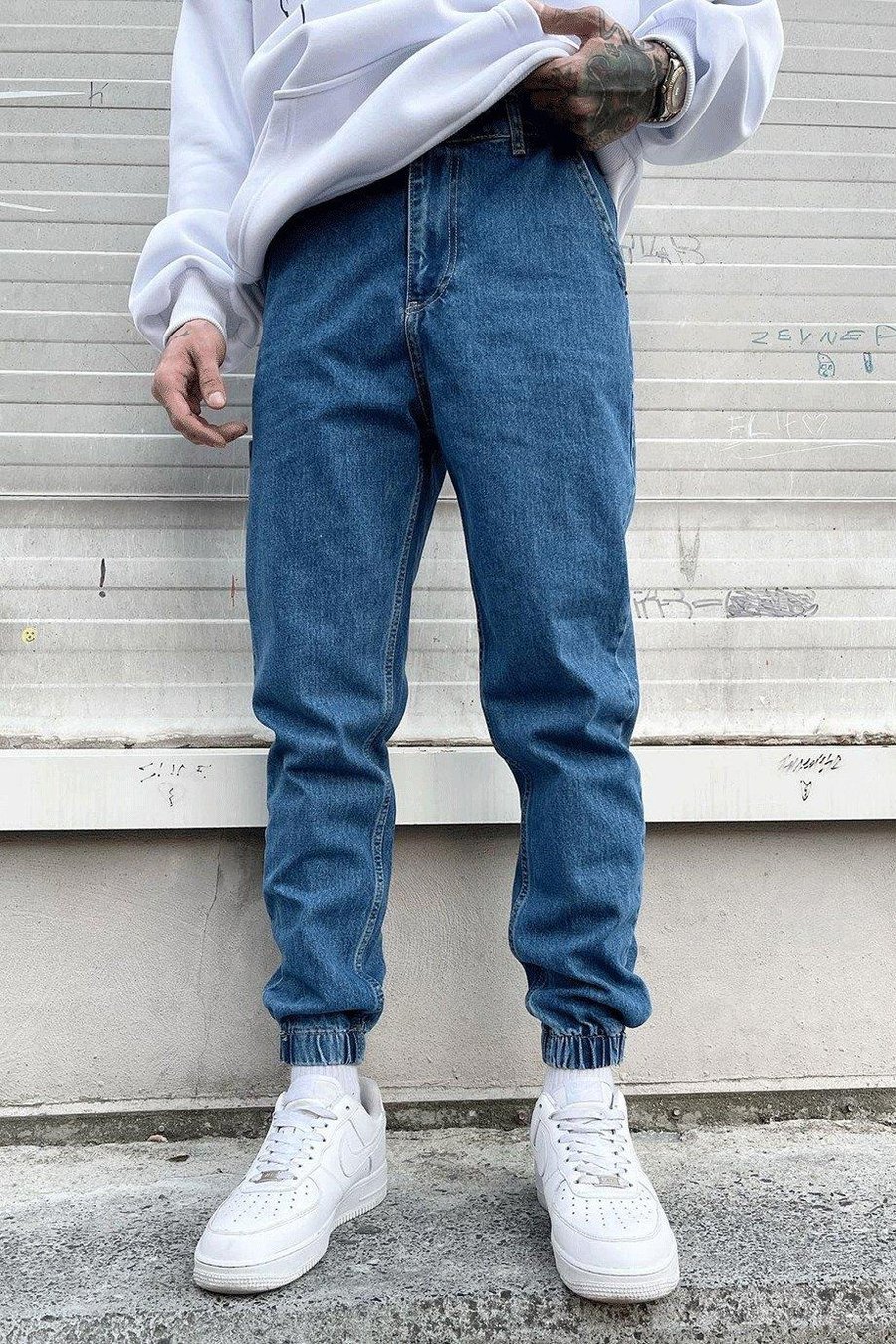 Dokulu Mavi Gri Dokulu Kar Yıkama Paça Lastik Detay Boyfriend Jean