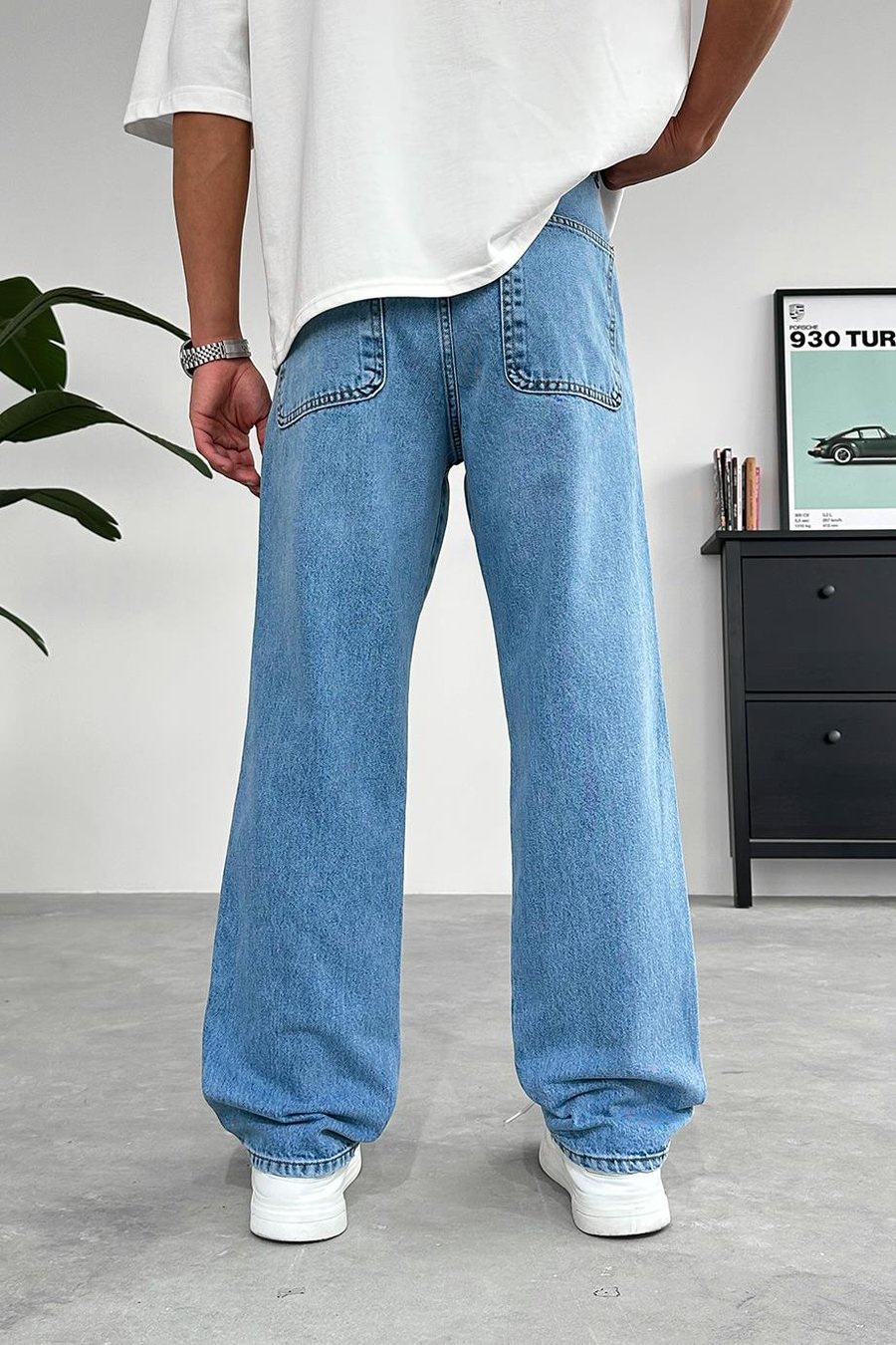 Dokulu Mavi Yan Cepli Basic Baggy Pantolon