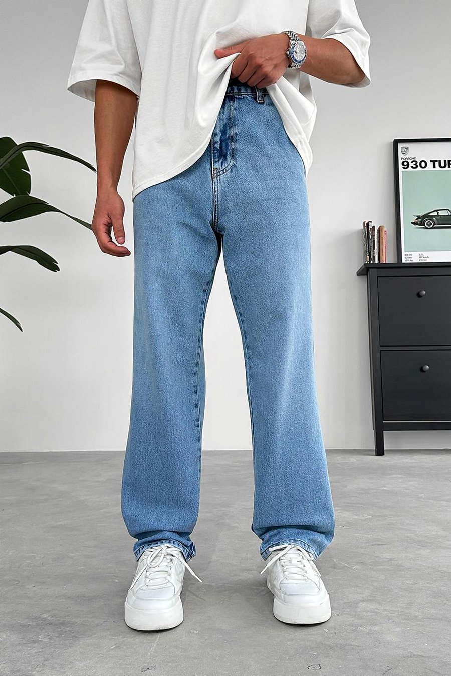 Dokulu Mavi Yan Cepli Basic Baggy Pantolon