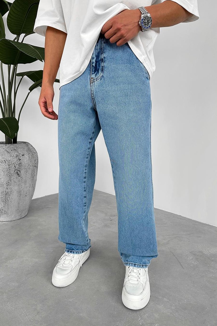 Dokulu Mavi Yan Cepli Basic Baggy Pantolon