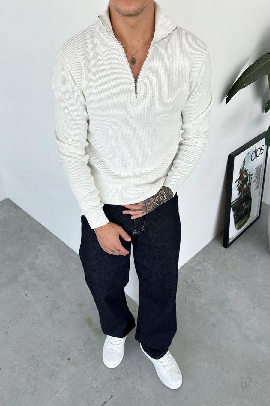 Ekru Basic Fitilli Yarım Fermuarlı Relaxed Kazak