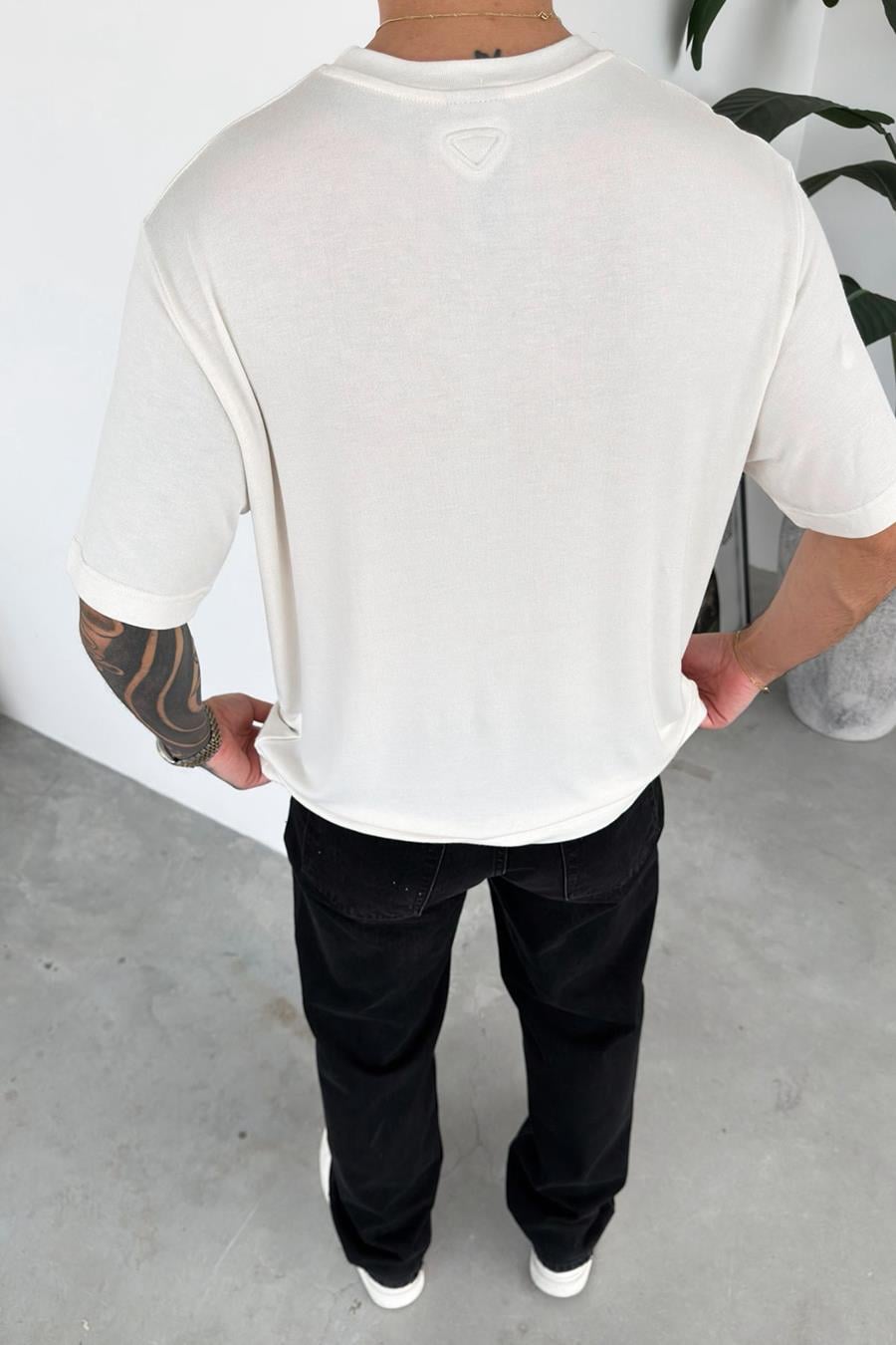 Ekru Basic Soft Likralı Relaxed Triko Tişört