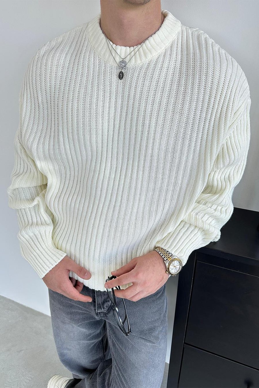 Ekru Bisiklet Yaka Fitilli Oversize Triko Kazak