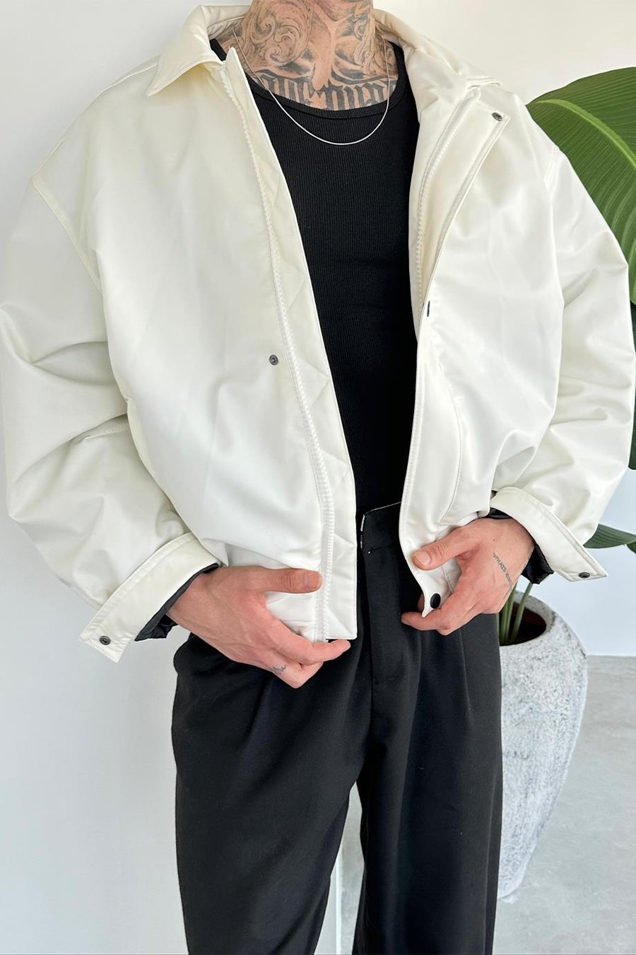 Ekru Bomber Oversize Deri Ceket