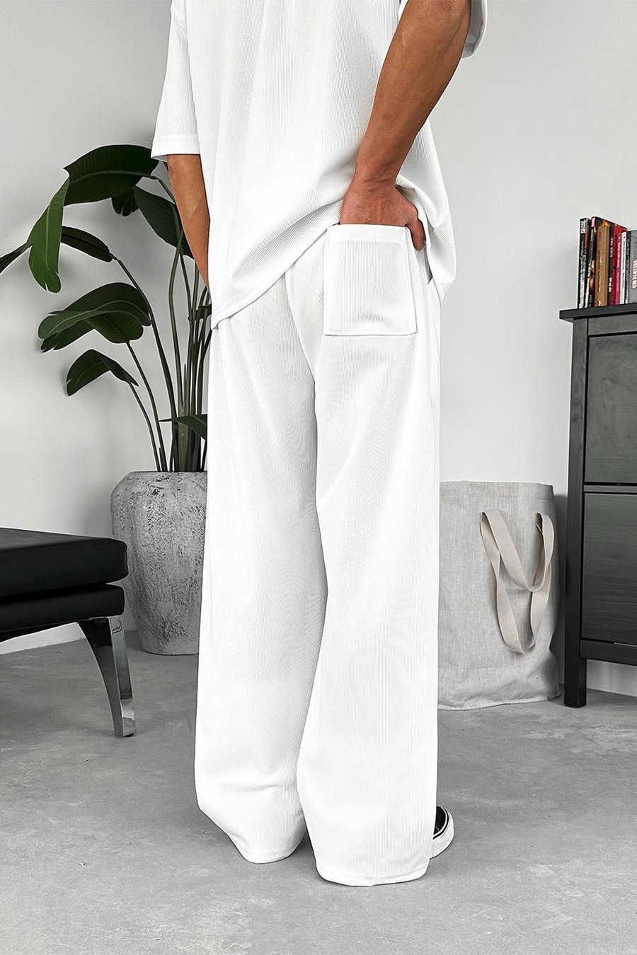 Ekru İnce Fitilli Baggy Pantolon