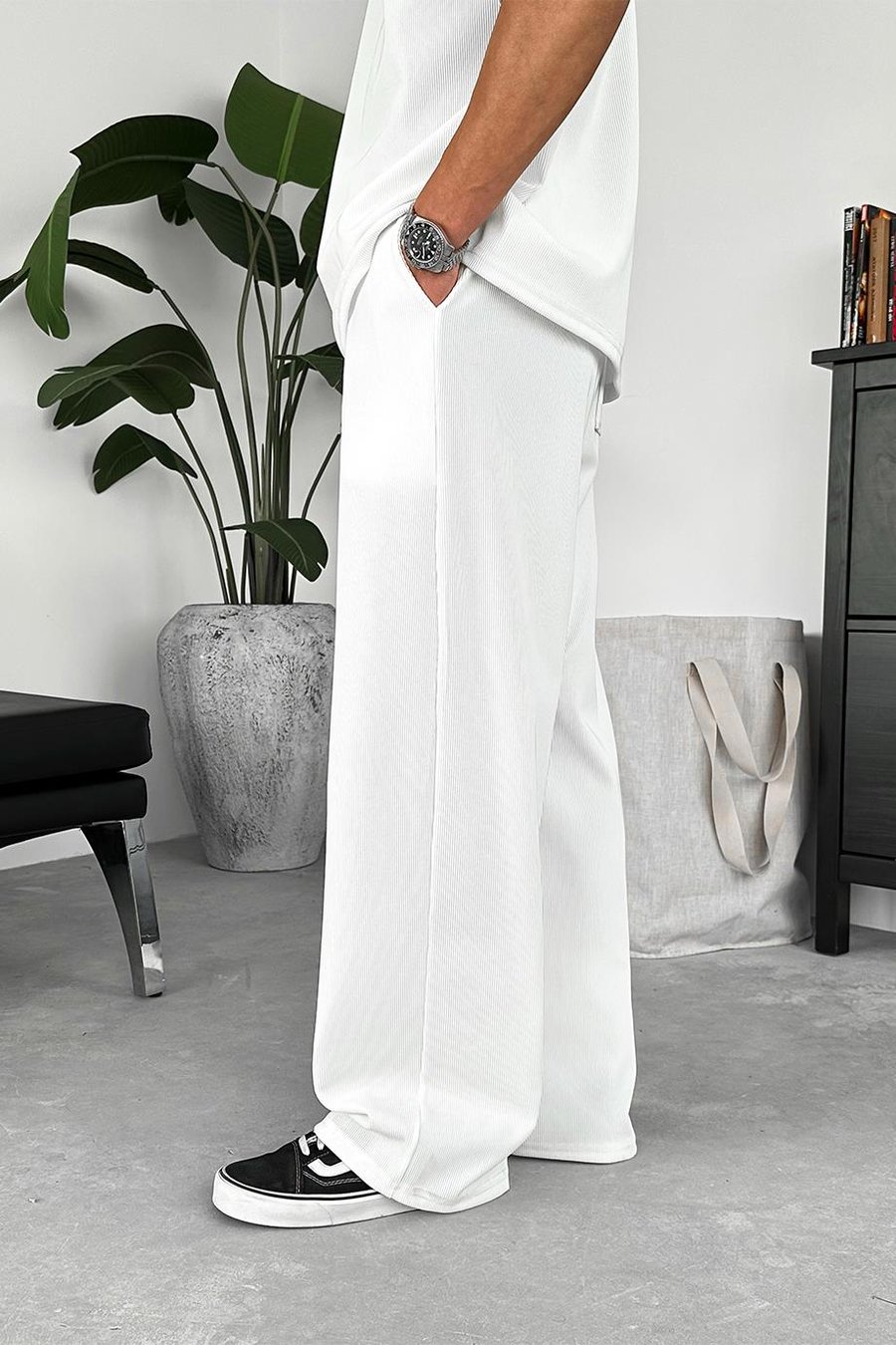 Ekru İnce Fitilli Baggy Pantolon