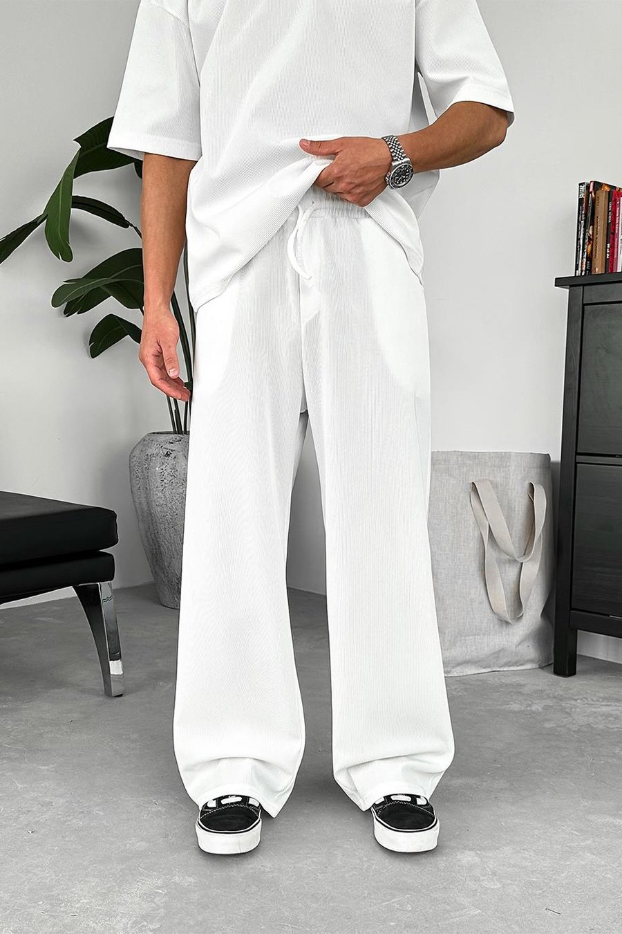 Ekru İnce Fitilli Baggy Pantolon