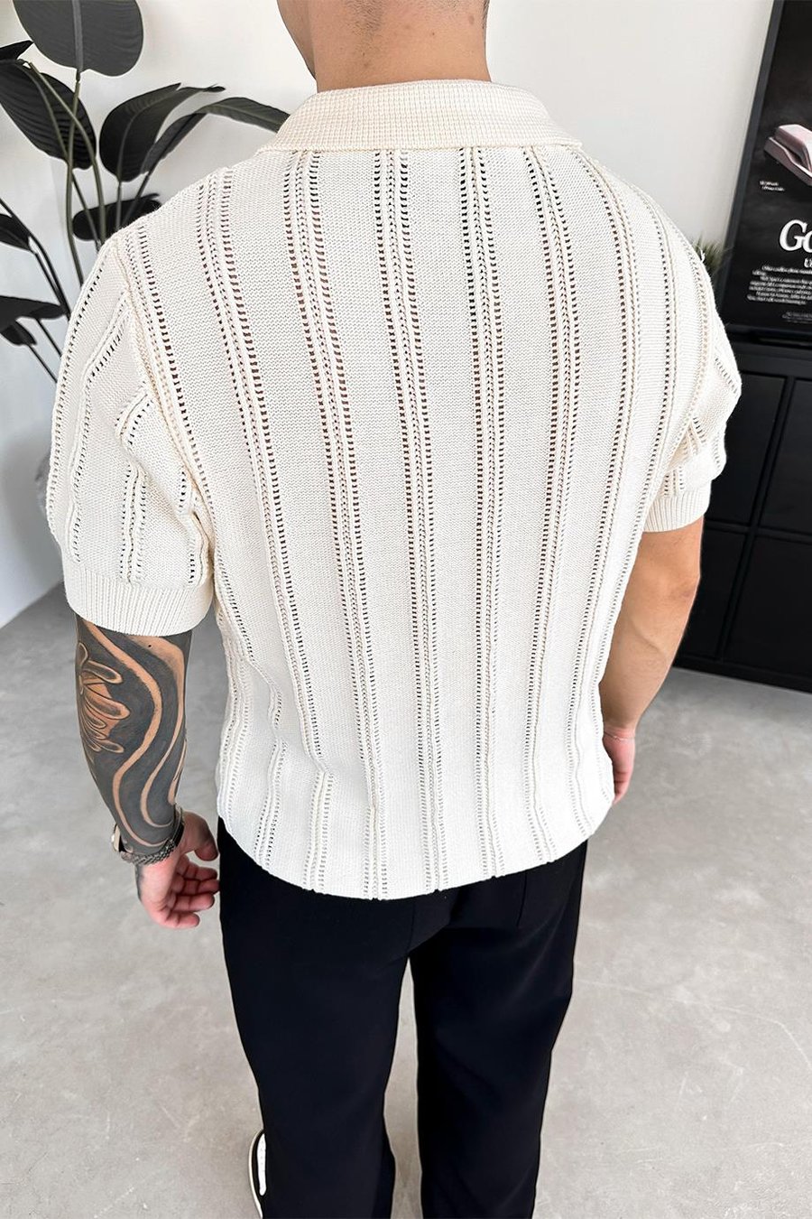 Ekru Striped Knitwear Relaxed Triko Polo Yaka Tişört