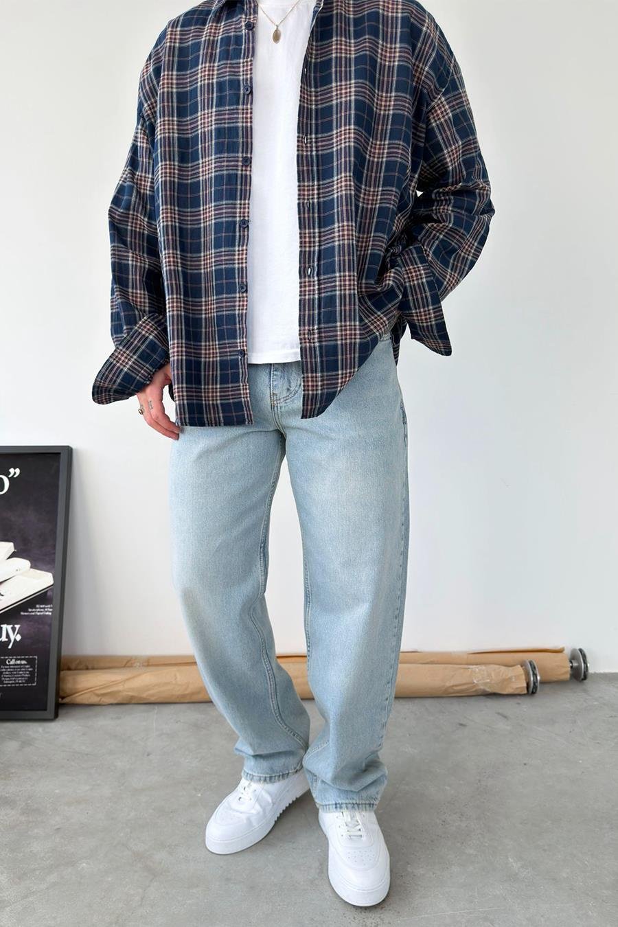 Eskitme Buz Mavi Basic Baggy Fit Pantolon