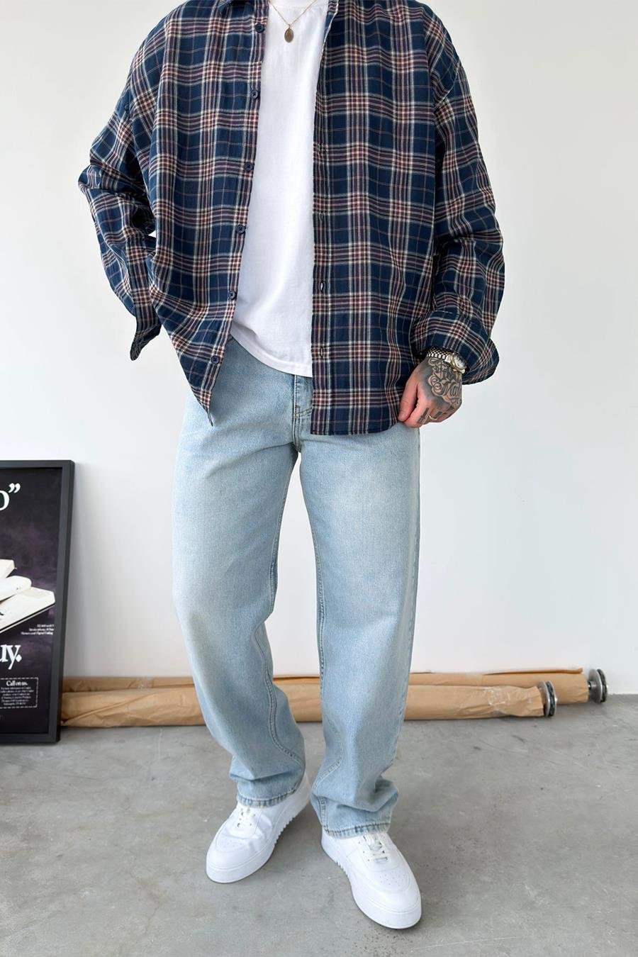 Eskitme Buz Mavi Basic Baggy Fit Pantolon