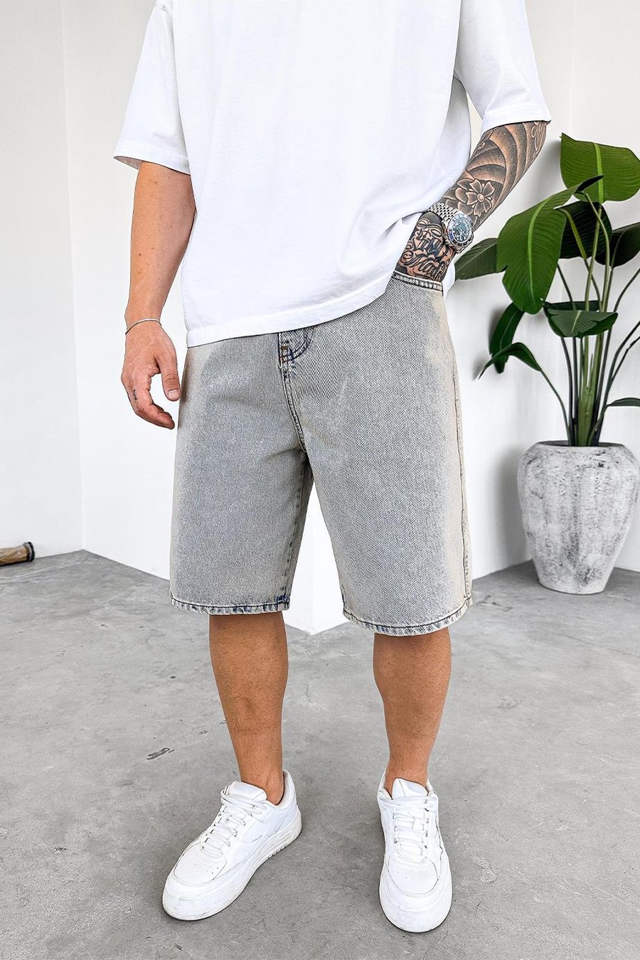 Eskitme Buz Mavi Basic Premium Baggy Kot Şort