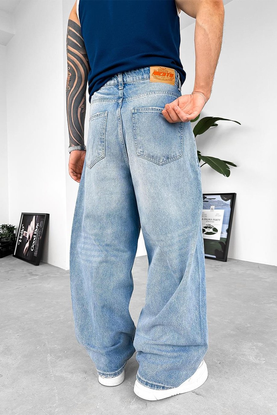 Eskitme Buz Mavi Patch Detay Ekstra Bol Baggy Pantolon